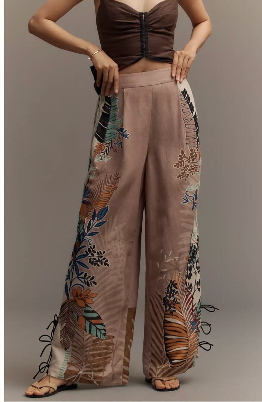 Anthropologie Ranna Gill Linen Blend Printed Side-Bow Wide-Leg Pants SMALL